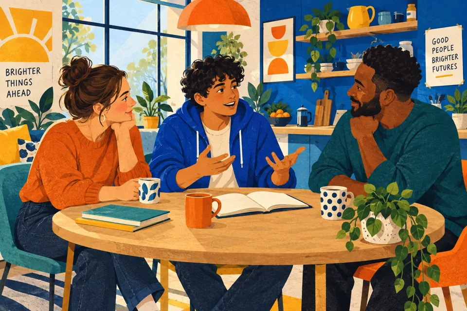 Illustration of a young person discussing their goals with supportive adults