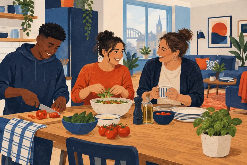Illustration of young people practising everyday cooking skills together
